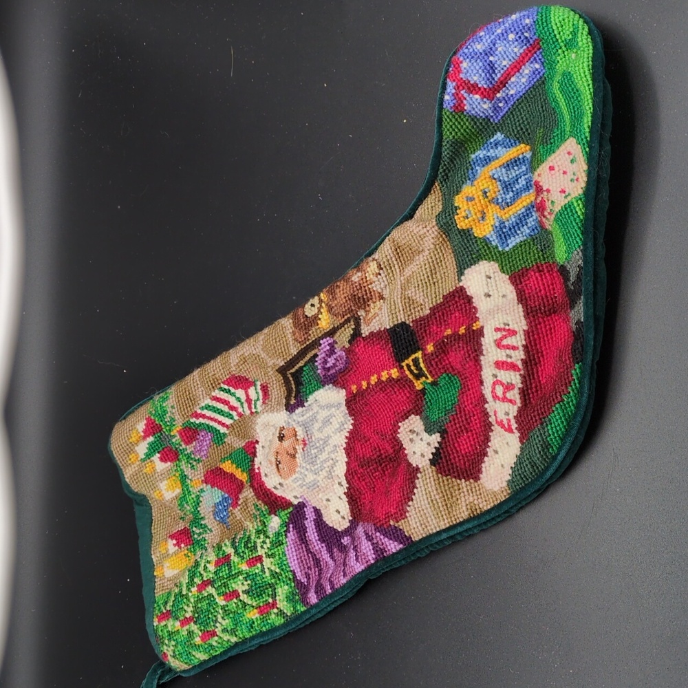 Vintage needlepoint Santa velvet Christmas stocking